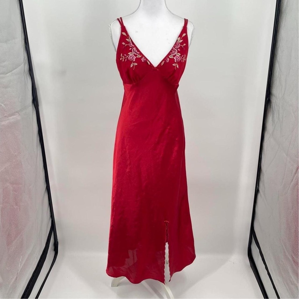 Vintage Y2K Floral Maxi Slip Dress Bow Lace S Coquette Feminine Romantic V Neck